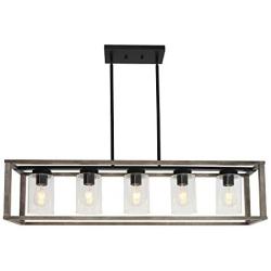 VINLUZ 5-Light Wood Chandelier Linear Industrial Kitchen Island Pendant Lighting Gray Wooden Frame Accents, Dining Room Lighting with Glass Shade Modern Farmhouse Light Fixtures for Entryway Foyer