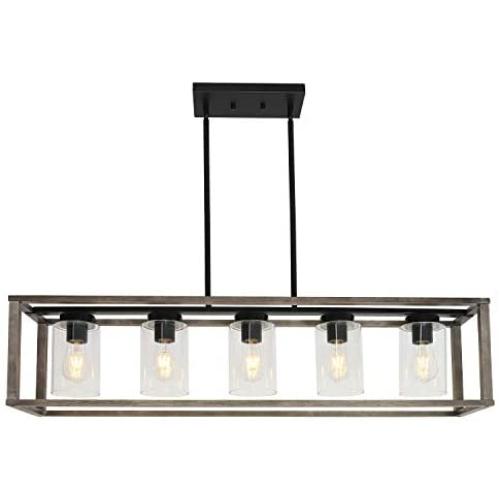 VINLUZ 5-Light Wood Chandelier Linear Industrial Kitchen Island Pendant Lighting Gray Wooden Frame Accents, Dining Room Lighting with Glass Shade Modern Farmhouse Light Fixtures for Entryway Foyer