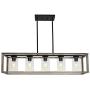 VINLUZ 5-Light Wood Chandelier Linear Industrial Kitchen Island Pendant Lighting Gray Wooden Frame Accents, Dining Room Lighting with Glass Shade Modern Farmhouse Light Fixtures for Entryway Foyer