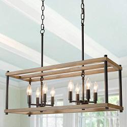 KSANA Farmhouse Chandelier for Dining Rooms, 8-Light Kitchen Island Lighting, Faux-Wood Rectangular Chandelier 26 in Length, Brown