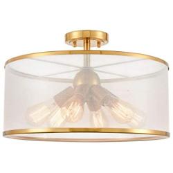 Modern Drum Organza Semi Flush Ceiling Light 6-Light Chandelier for Dining Room Living Room Gold Finish