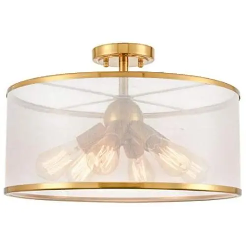 Modern Drum Organza Semi Flush Ceiling Light 6-Light Chandelier for Dining Room Living Room Gold Finish