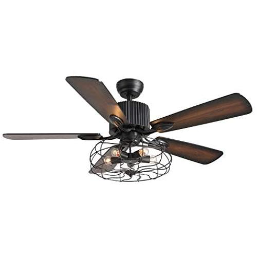 7PMBEANE Industrial Ceiling Fan with Light Vintage Cage Pendant Light with 5 Wooden Blades Remote Control for Dining Room 52 Inch