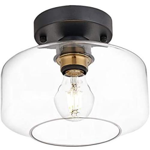 Semi-Flush Mount Ceiling Light,Clear Glass Shade,Brass Accent Socket,Modern Ceiling Light Fixture with Black Finish for Kitchen,Hallway,Entryway,Dining Room,Bedroom,Cafe, Bar,Living Room