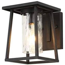 Small Modern Outdoor Wall Light Fixtures Exterior Wall Lantern Outside Lamp Wall Mounted Waterproof Black Finish with Water Glass Outdoor Wall Sconce for Driveway Patio Porch Lighting