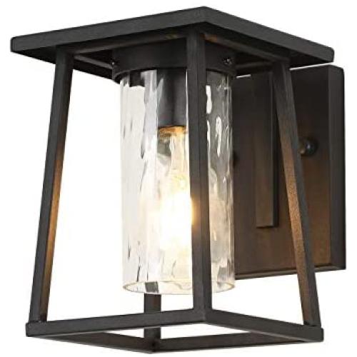 Small Modern Outdoor Wall Light Fixtures Exterior Wall Lantern Outside Lamp Wall Mounted Waterproof Black Finish with Water Glass Outdoor Wall Sconce for Driveway Patio Porch Lighting