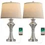 Oneach Modern USB Table Lamps Set of 2 for Living Room Bedroom 24.5“ Brushed Nickel Bedside Nightstand Lamps with Fabric Lampshade Silver