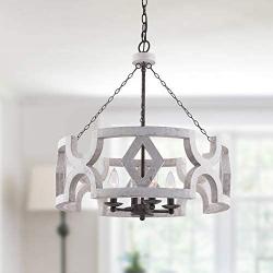 Farmhouse Wood Drum Chandelier, Cottage Burlywood Hanging Pendant Ceiling Light for Dining Room, Living Room, Foyer