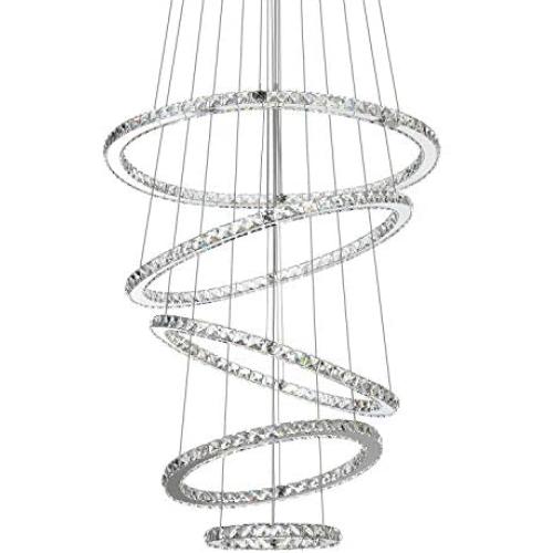 MEEROSEE Crystal Chandeliers Modern LED Ceiling Lights Fixtures Pendant Lighting Dining Room Chandelier Contemporary Adjustable Stainless Steel Cable 5 Rings DIY Design D31.5''+27.6''+23.6''+19.7''+11.8''