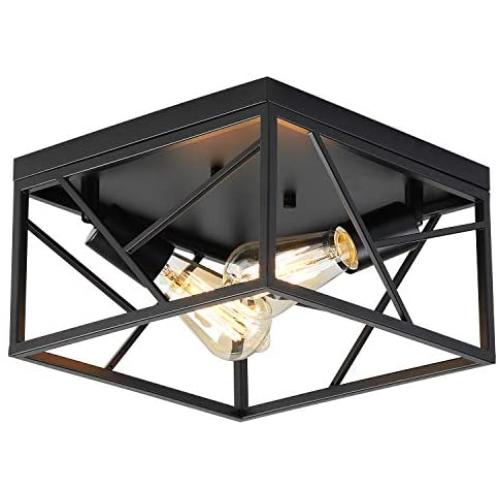 Modern Black Flush Mount Light Fixture Two-Light Industrial Metal Square Semi Flush Mount Ceiling Light for Hallway Bedroom Kitchen Entryway Farmhouse Dining Room