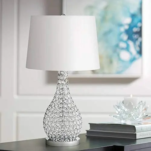 Kasey Modern Table Lamp Acrylic Beaded Silver Gourd White Drum Shade for Living Family Room Bedroom Bedside - Possini Euro Design