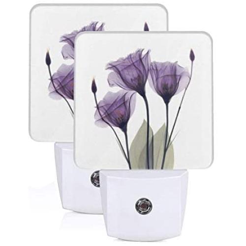 Set of 2 Led Night Lights, Lavender Purple Hope Flowers Auto Dusk-to-Dawn Sensor Night Lamp Plug-in Home Decorative for Adult