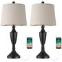 BOBOMOMO 25.25 Modern USB Table Lamp Set of 2 for Living Room Bedroom Bedside Lamps with USB Charging Port Fabric Drum Shade (Black)