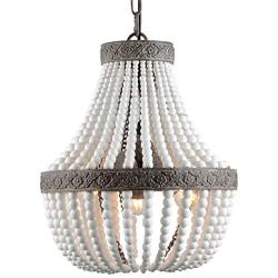 VILUXY Bohemia Wood Beaded Chandelier Antique Rustic Pendant Light White Finishing for Bedroom, Kitchen Island, Gril Room 3-Light