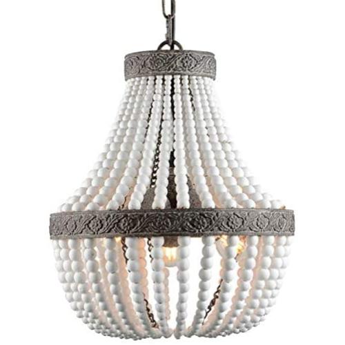 VILUXY Bohemia Wood Beaded Chandelier Antique Rustic Pendant Light White Finishing for Bedroom, Kitchen Island, Gril Room 3-Light