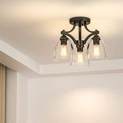 Tangkula Glass Ceiling Light Fixture, Clear Glass Shade, Semi Flush Mount Ceiling Light w/ Sturdy Metal Canopy, Modern 3-Light Close to Ceiling Light for Dining Room, Bedroom, Cafe, Living Room
