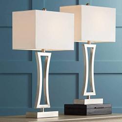 Roxie Modern Table Lamps Set of 2 Brushed Steel Off White Rectangular Shade for Living Room Family Bedroom Bedside Office - 360 Lighting