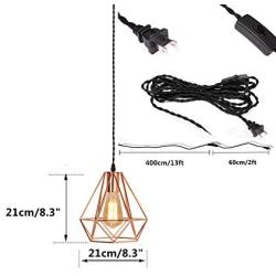 EFINEHOME Vintage Industrial Rose Gold Pyramid Metal Cage Pendant Light with 15 Toggle Switch Black Fabric Plug-in Cord 1-Light Hanging Lamp Loft Rustic Home Decor (Plug-in)