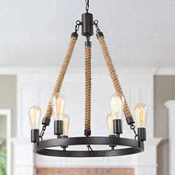 ISURAUL Wagon Wheel Chandelier, Round Farmhouse Chandeliers 6-Light Fixture with Natural Ropes for Dining Room, Living Room, Bedroom, Foyer and Kitchen Island