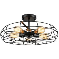 Industrial Vintage Semi Flush Mounted Ceiling Light - LITFAD 21'' Chandelier Metal Hanging Fixture Barn Pendant Light LED Ceiling Lamp with 5 Lights in Black Finish for Living Room Restaurant Bedroom