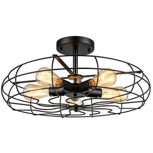Industrial Vintage Semi Flush Mounted Ceiling Light - LITFAD 21'' Chandelier Metal Hanging Fixture Barn Pendant Light LED Ceiling Lamp with 5 Lights in Black Finish for Living Room Restaurant Bedroom