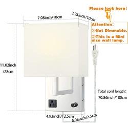 Wall Lamp Light with Outlet Living Room Beside Wall Sconces Stainless Steel Opaque Ivory Square Linen Shade