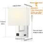 Wall Lamp Light with Outlet Living Room Beside Wall Sconces Stainless Steel Opaque Ivory Square Linen Shade