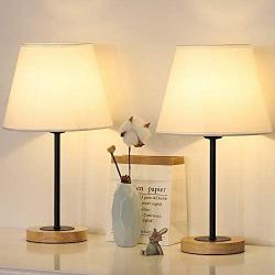 Small Table Lamps Set of 2, Bedside Desk Lamps for Bedroom Nightstands, Coffee Tables, Dressers, Living Rooms, White Cylinder Fabric Shade, Wood Base