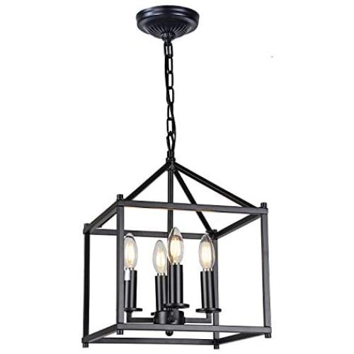 Pendant Light DOOWIN Dining Room Lighting Fixtures Hanging 4-Light Vintage Farmhouse Lantern Lights Industrial Black Cage Chandelier Ceiling Lights for Dining Living Room Kitchen Island