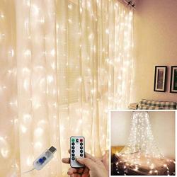 BANQLE Curtain Lights/String Light 300 LED 9.8Ft9.8Ft Fairy Lights with 8 Modes and Remote USB Powered Plug Garden Bedroom Outdoor Indoor Christmas Party（Warm White）