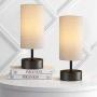 Oneach Modern Table Lamps Set of 2 with Dual USB Charging Port an AC Outlet 15” Bedside Desk Lamp for Bedroom Living Room Grey Cylinder Shade