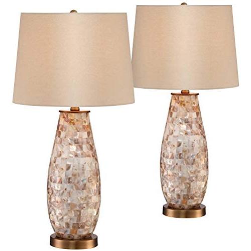 Kylie Cottage Table Lamps Set of 2 Mother of Pearl Tile Vase Beige Drum Shade for Living Room Family Bedroom Bedside Office - Regency Hill