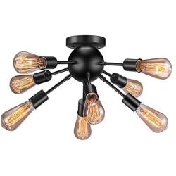 Vintage Semi Flush Mount Ceiling Light with 8 UL Sockets, Elibbren E26 Base Modern Antique Black Sputnik Industrial Ceiling Lamp Fixture for Kitchen Dining Room Bedroom Study Living Room