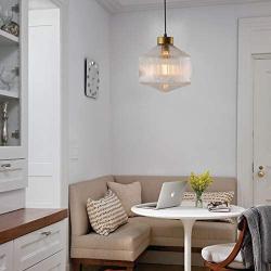 CraftThink Pendant Lighting Chandelier Fixture Nordic Drum Amber Ribbed Glass in Brass 1 Light Ceiling Suspension Lamp LED Hanging Lamp for Coffee Dining Living Room Bedroom Restaurant Hotel-Clear
