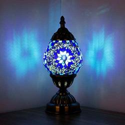 Marrakech Turkish Table Lamp Handmade Mosaic Glass Egg Shaped Moroccan Lantern Decorative Desk Night Light for Bedroom Living Room with E12 LED Bulb (Blue)