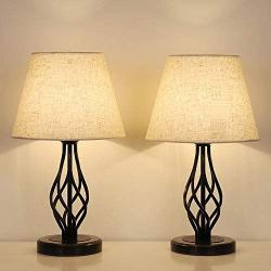 HAITRAL Traditional Table Lamps Set of 2 - Vintage Bedside Lamps with Marble Base, Linen Fabric Shade, Farmhouse Table Lamps for Bedroom, Living Room