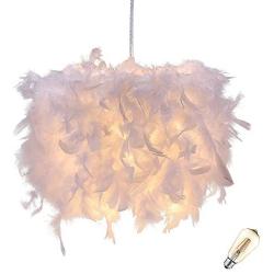 Feather lampshade, LOOPYY Nordic-Style Feather Ceiling Pendant Light Shade with E27 Edison Bulb Elegant Foldable Feather Lamp for Living Room Dining Room and Bedroom DÃcor (Out Diameter:30cm)