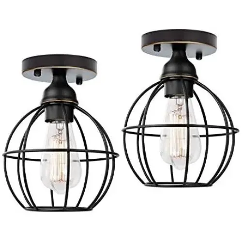 2 Pcs Semi-Flush Mount Ceiling Light - Industrial Close to Ceiling Light Black Metal E26 E27 Ceiling Pendant Lighting Fixture Farmhouse Lights for Kitchen Island Dining Room Bedroom Foyer Hallway