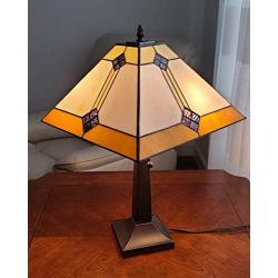 Amora Lighting Tiffany Style Table Lamp Banker Mission 23'' Tall Stained Glass White Tan Brown Antique Vintage Light Decor Nightstand Bedside Living Room Bedroom Handmade Gift AM098TL13B, Multicolor