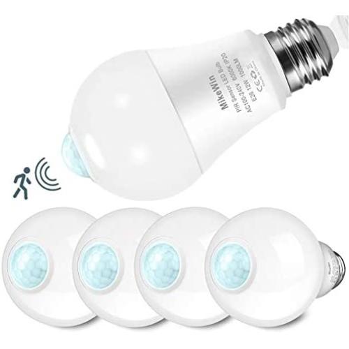 MikeWin Motion Sensor Light Bulbs Outdoor 4 Packs 12W(100W Equivalent) Security LED Bulb, Indoor E26, A19, 6000K Daylight Dusk to Dawn Bulb for Garage Front Door Porch Stairs Hallway