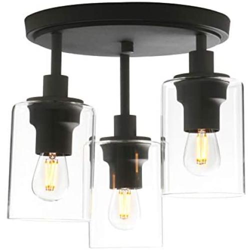 Pathson Industrial Ceiling Light Fixture, 3-Light Semi Flush Mount Ceiling Lamp with Glass Shade, Ceiling Chandelier Light for Hallway Loft Kitchen Bar Dining Room
