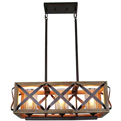 Eumyviv C0029 3-Lights Rectangle Wood Metal Pendant Lamp Light Fixture with Bubble Glass Shade Black Finished Retro Rustic Vintage Industrial Edison Ceiling Lamp Linear Chandeliers