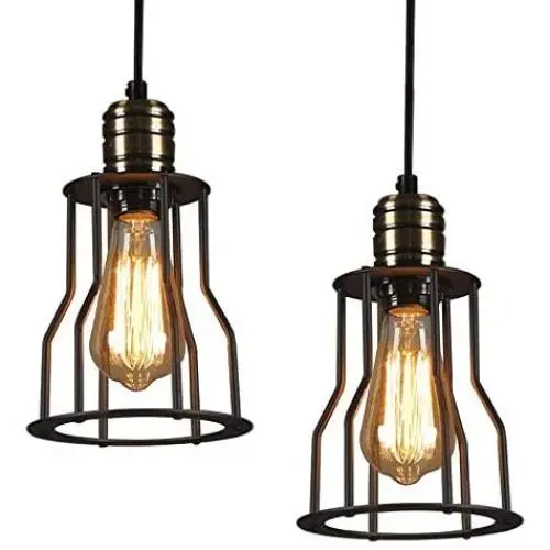 Industrial Pendant 1-Lights Pendant Lighting, Farmhouse Rustic Style Hanging Light with Matte Black Cage, Vintage Kitchen Island Pendant Light Fixture for Dining Room Bedroom Hallway Bar (2 Pack)