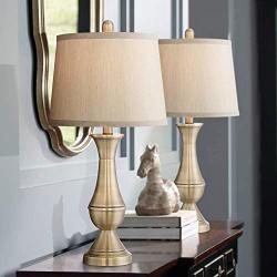 Becky Traditional Table Lamps Set of 2 Antique Brass Metal Beige Drum Shade for Living Room Family Bedroom Bedside Office - Regency Hill