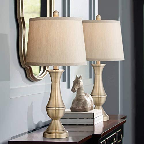 Becky Traditional Table Lamps Set of 2 Antique Brass Metal Beige Drum Shade for Living Room Family Bedroom Bedside Office - Regency Hill Becky Traditional Table Lamps Set of 2 Antique Brass Metal Beige Drum Shade for Living Room Family Bedroom Bedside Office - Regency Hill