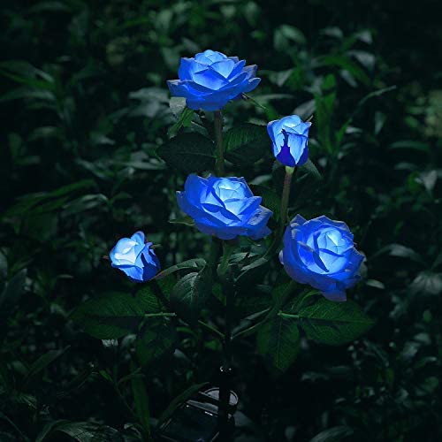 New Material Outdoor Realistic Solar Powered Rose Lights Flower Stake, for Garden Patio Yard Pathway Decoration, Blue