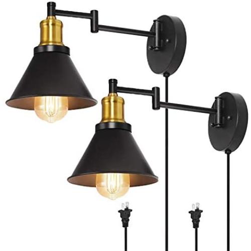 HAITRAL Swing Arm Wall Lamps Set of 2- Plug-in Wall Sconces with Adjustable Arms & Brass Finish, Plug-in & Hardwired Metal Wall Mounted Lighting Lamps for Bedroom, Farmhouse, Kitchen -Black