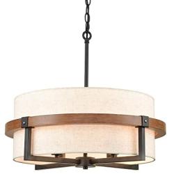 AXILAND Rustic Drum Chandelier 4-Light Dining Room Chandelier with Off-White Fabric Shade