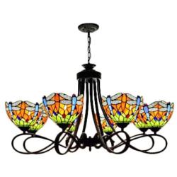 LITFAD 8 Lights Pendant Light Tiffany Stained Glass Dragonfly Patterned Chandelier in Wrought Iron Style 110V-120V Ceiling Hanging Light for Coffee Shop Restaurant Dining Room Living Room