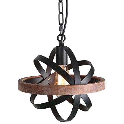 Giluta Spherical Displays Changeable Wood Pendant Light for Kitchen Island, Industrial Edison Hanging Light Dining Room Vintage Ceiling Light Fixture 1-Light, Black (P0032)